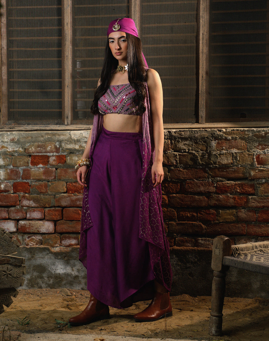 Bralet + Asymmetric pants +  Shimmer jacket