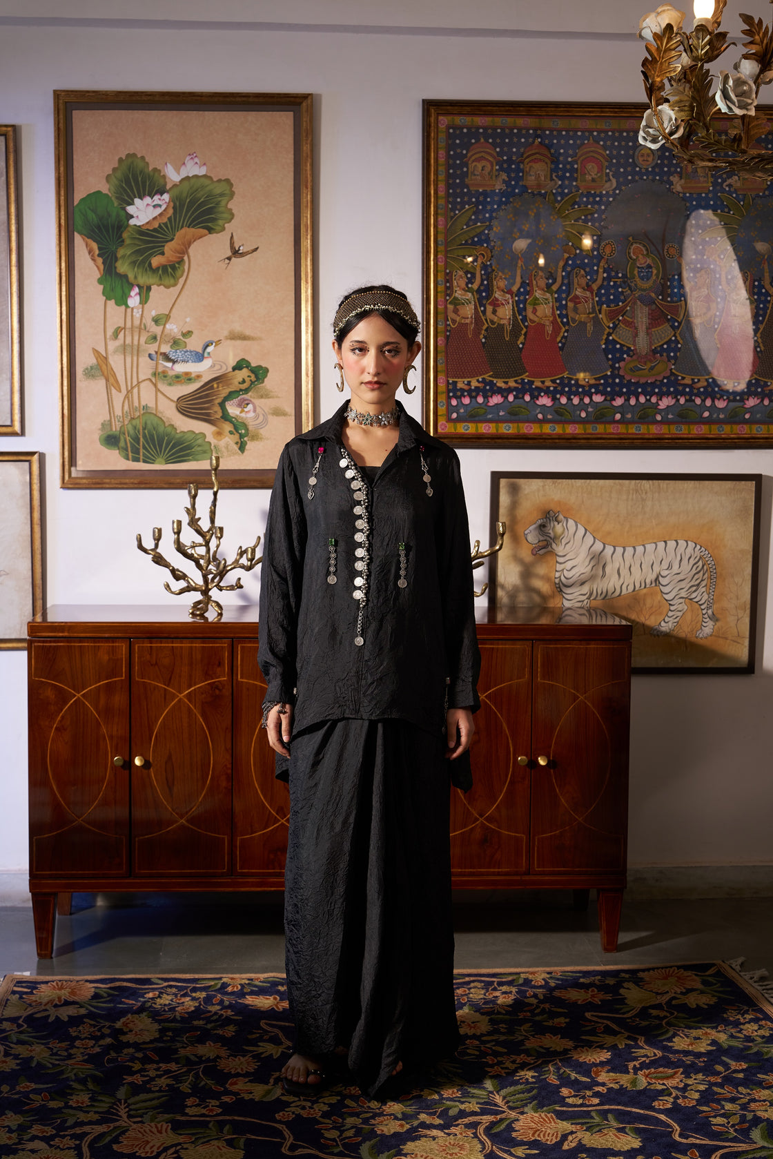 Silver Oxidised Placket Shirt Set