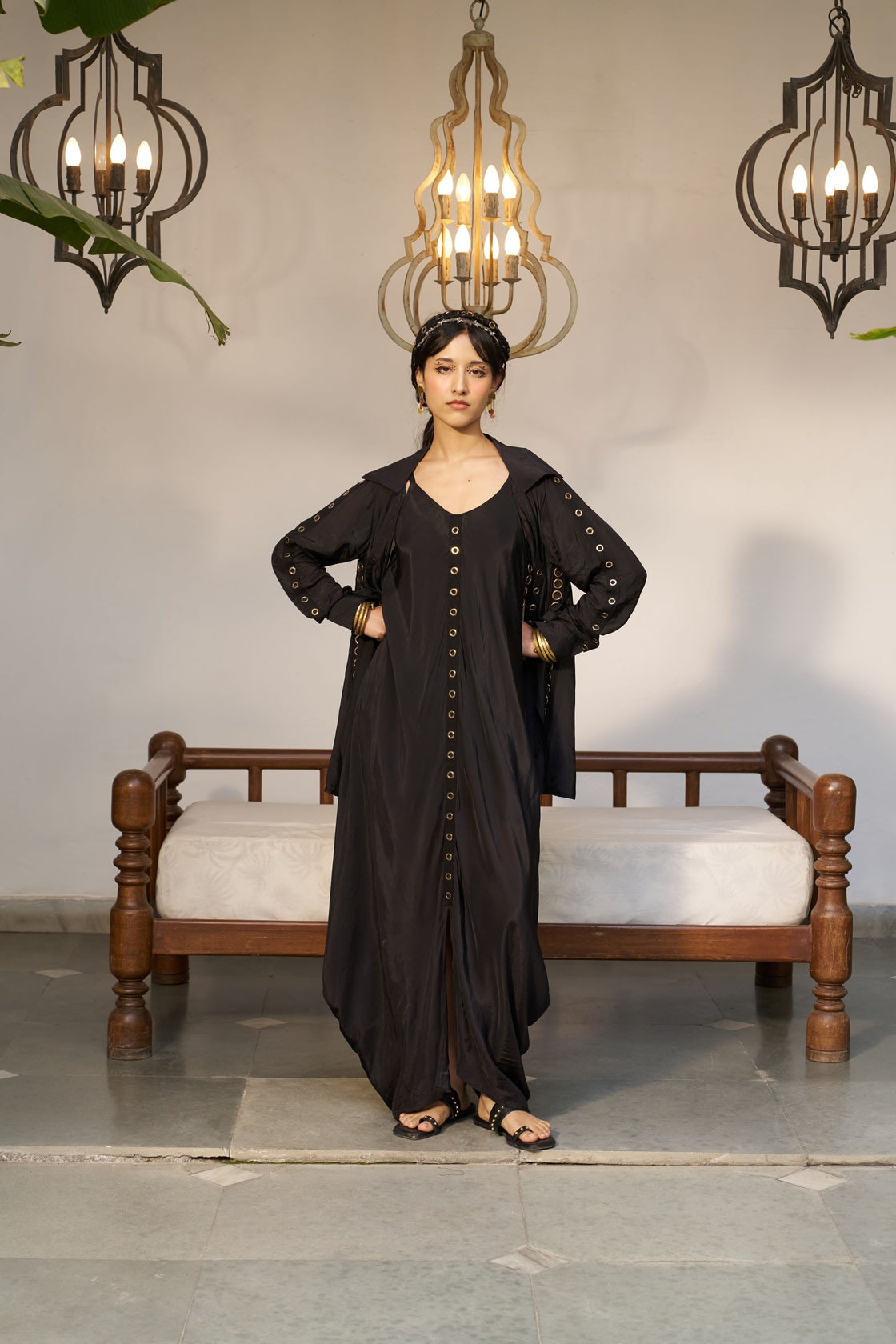 Rivet Cowl dress  with a waterfall Jacket