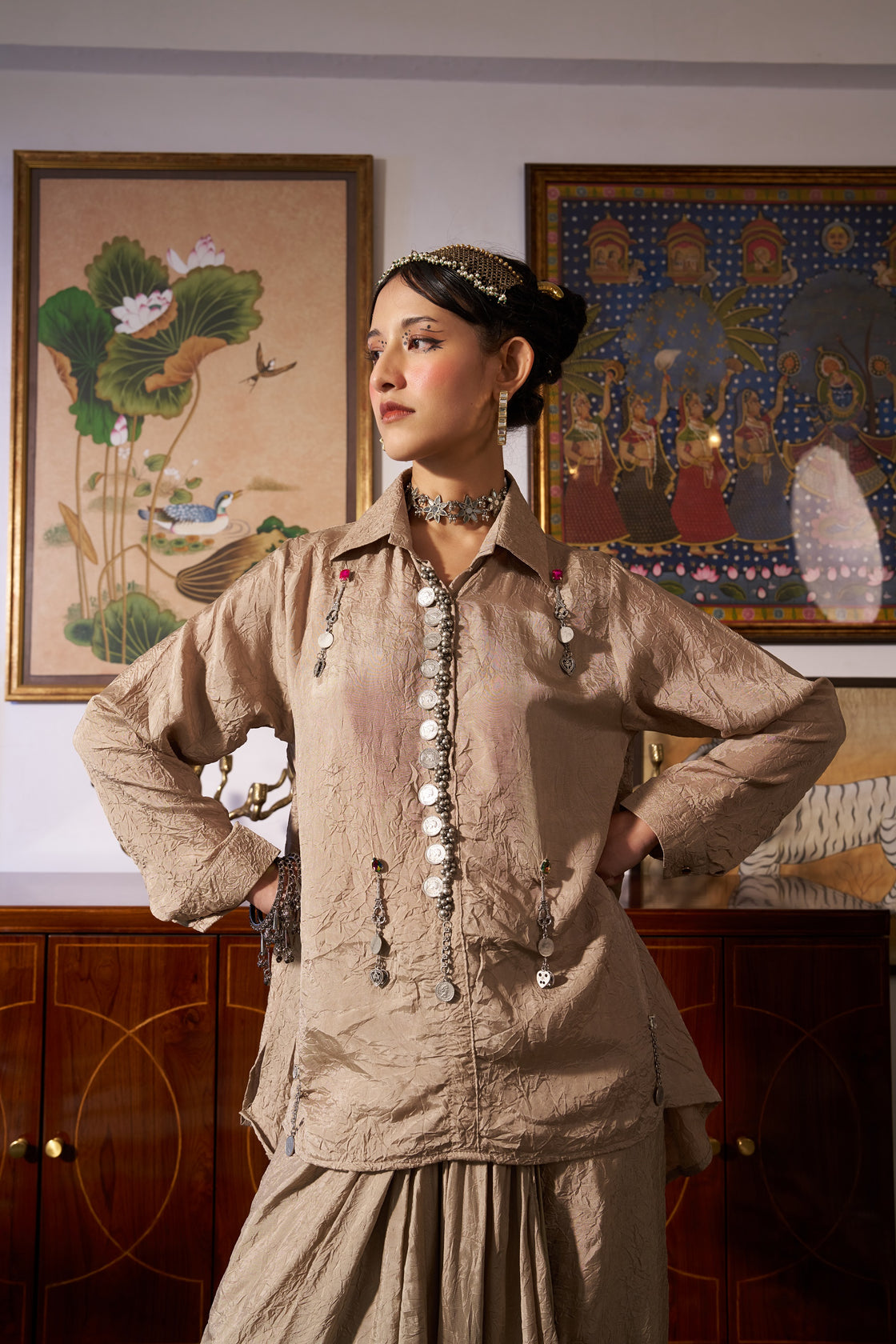 Silver Oxidised Placket Shirt Set