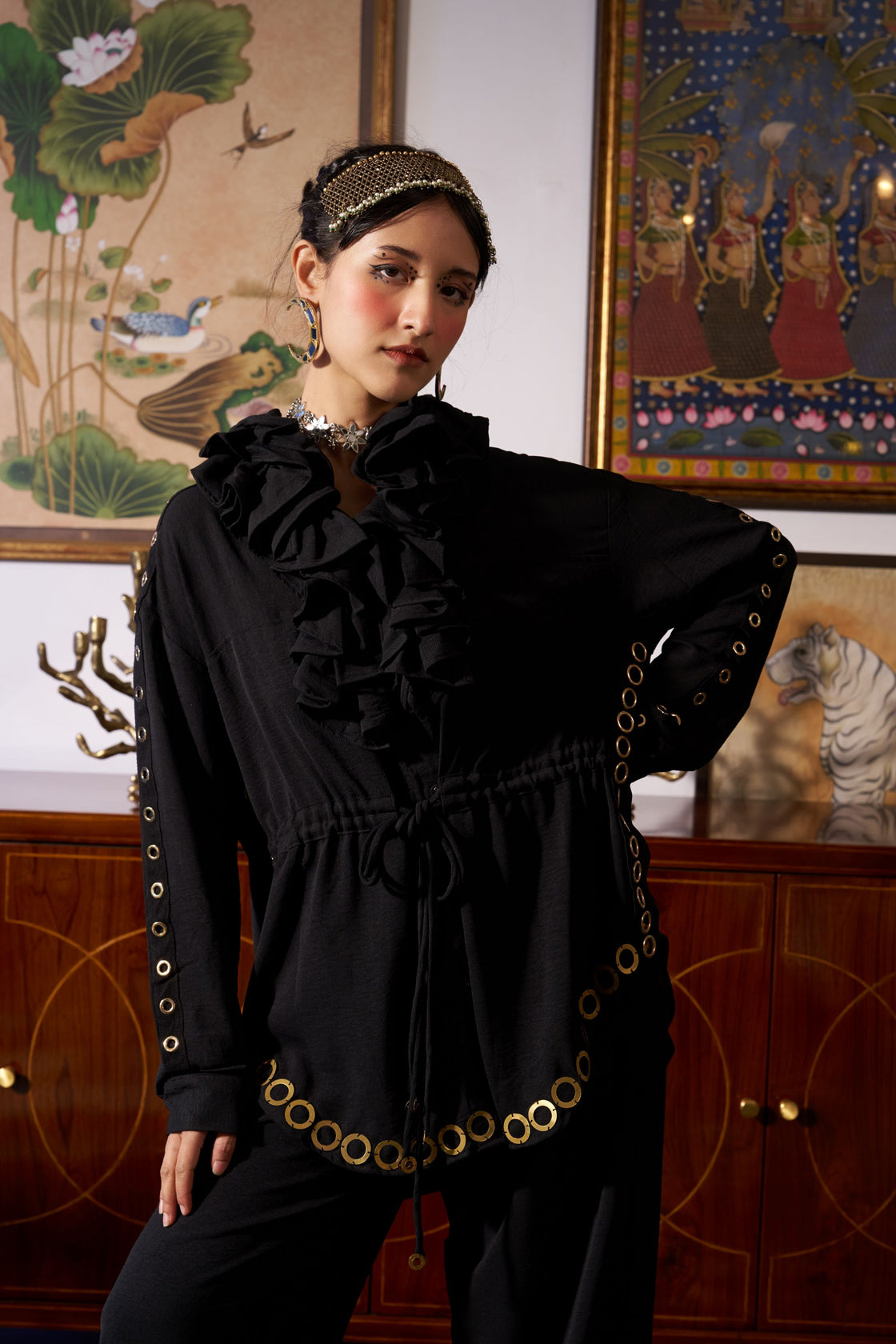 Drawstring frill shirt set
