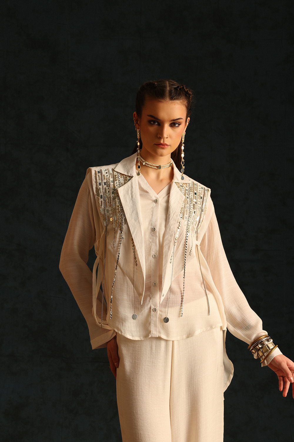 Chinese collar shirt set with a cape blazer waistcoat