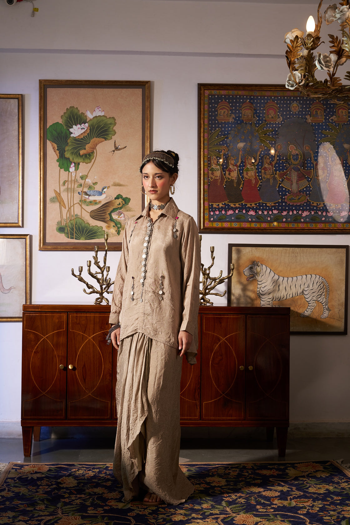 Silver Oxidised Placket Shirt Set