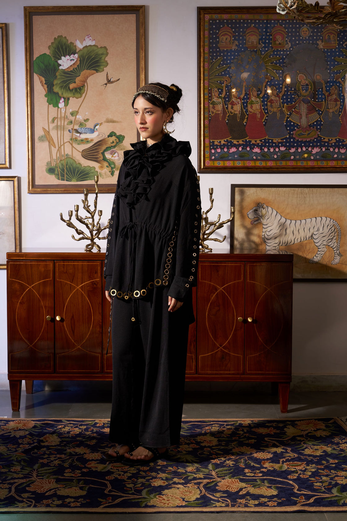 Drawstring frill shirt set