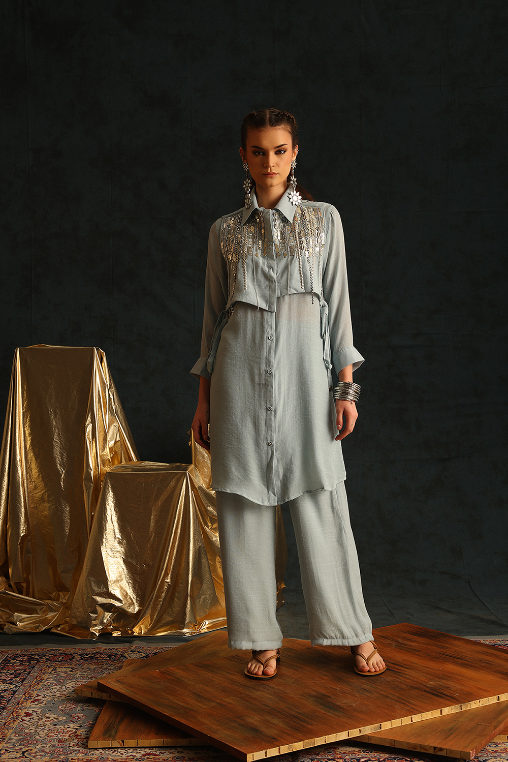 Long shirt set with a high-low waistcoat