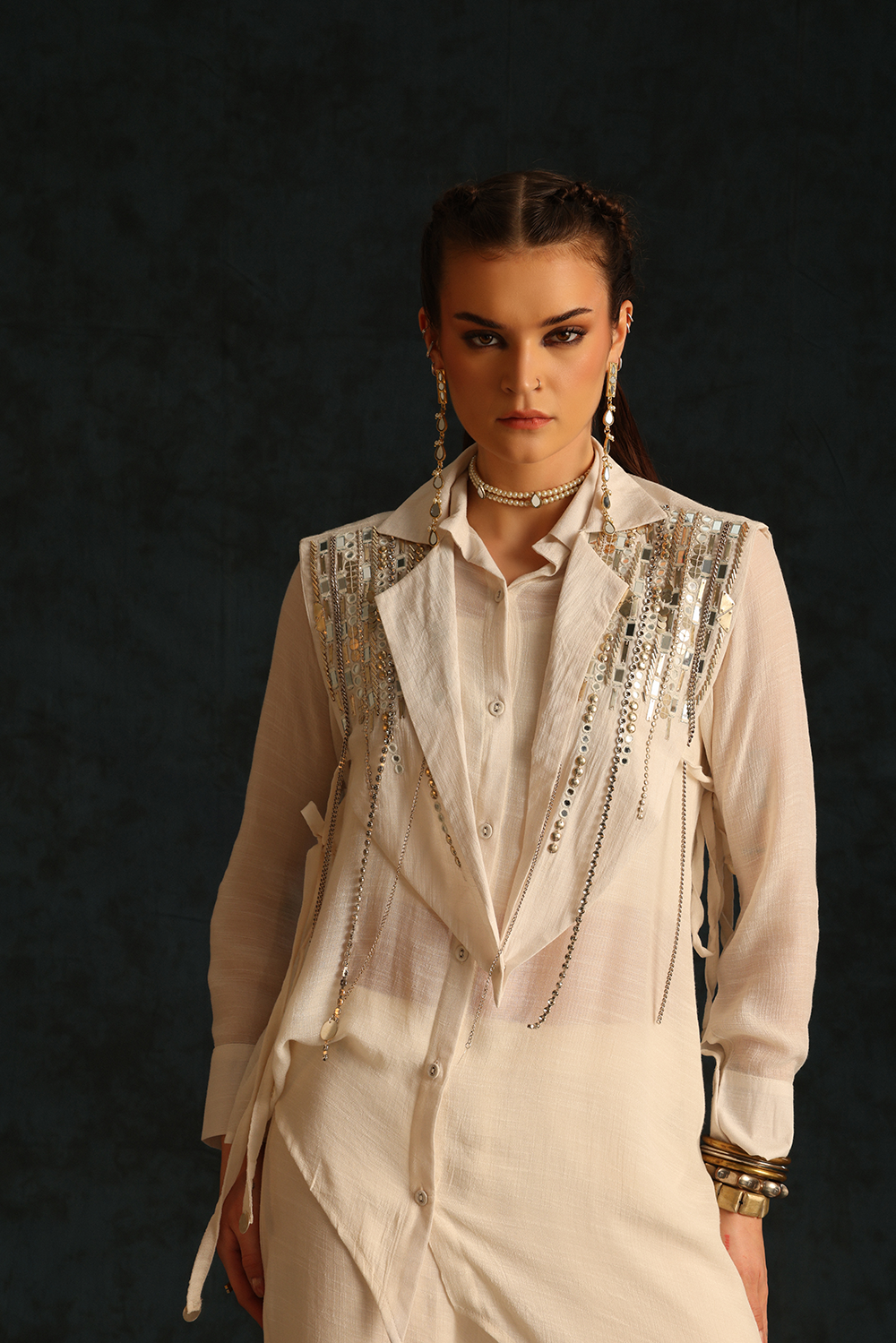 Assymetric shirt set with a cape blazer waistcoat